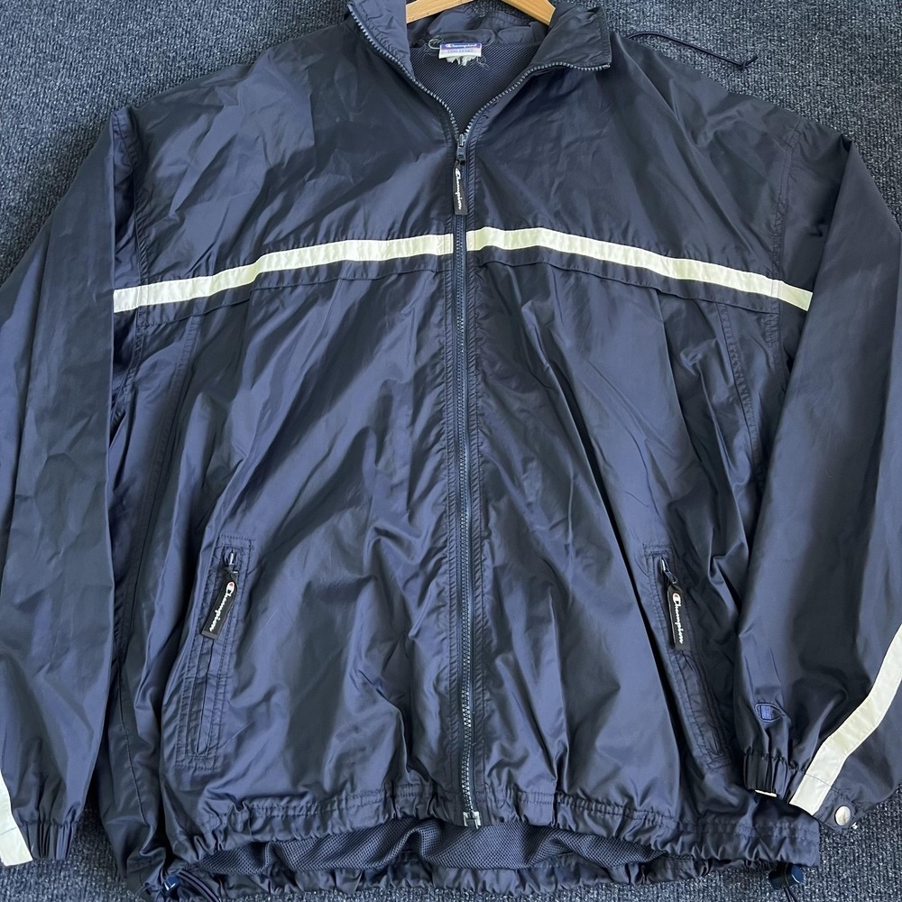 Vintage Champion Jacket Mens 2XL Blue Hooded Full Zip Windbreaker Nylon Athletic